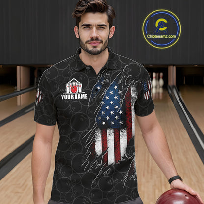Man wearing a vintage American flag black bowling polo shirt at a bowling alley front view.
