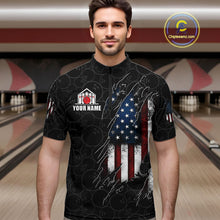 Load image into Gallery viewer, Man wearing a vintage American flag black bowling quarter zip jersey during league play front view.