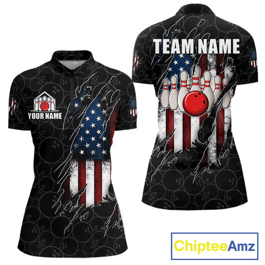 Vintage American flag black bowling quarter zip shirt for women built for league tournaments and team events.