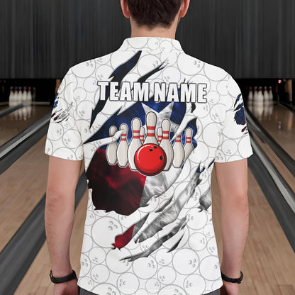 Back view of man wearing a smoke Texas flag white bowling polo shirt inside a bowling alley.