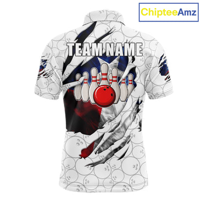 Smoke Texas flag white bowling polo shirt for men with patriotic bowling team graphics.