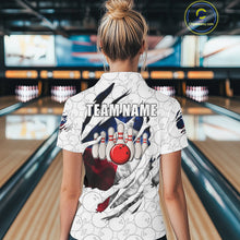 Load image into Gallery viewer, Back view of woman wearing a smoke Texas flag white bowling polo shirt inside a bowling alley.