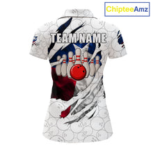 Load image into Gallery viewer, Smoke Texas flag white bowling polo shirt for women with patriotic bowling team graphics.