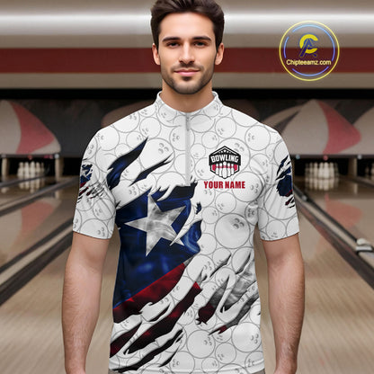 Man wearing a smoke Texas flag white bowling quarter zip jersey during tournament play front view.