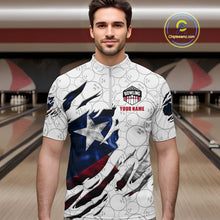 Load image into Gallery viewer, Man wearing a smoke Texas flag white bowling quarter zip jersey during tournament play front view.