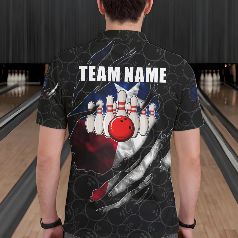 Back view of man wearing a smoke Texas flag black bowling polo shirt inside a bowling alley.