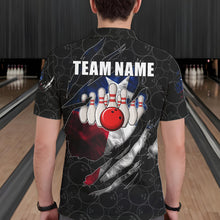 Load image into Gallery viewer, Back view of man wearing a smoke Texas flag black bowling polo shirt inside a bowling alley.