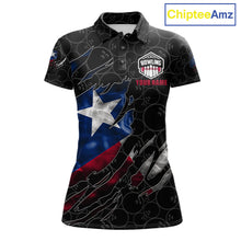 Load image into Gallery viewer, Smoke Texas flag black bowling polo shirt for women with patriotic bowling team graphics.