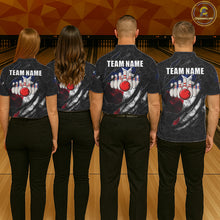 Load image into Gallery viewer, Back view of bowling team wearing matching Texas flag bowling shirts in a bowling alley.
