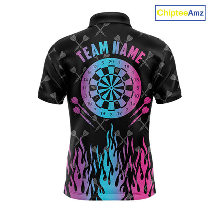 Dartboard neon fire flame darts polo shirt for men with custom darts team graphics.
