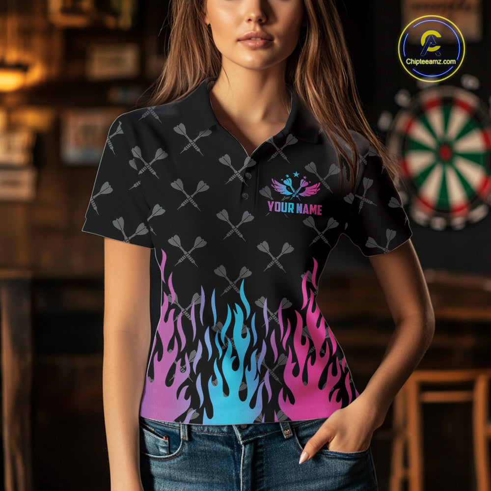 Woman wearing a dartboard neon fire flame darts jersey at a darts venue front view.