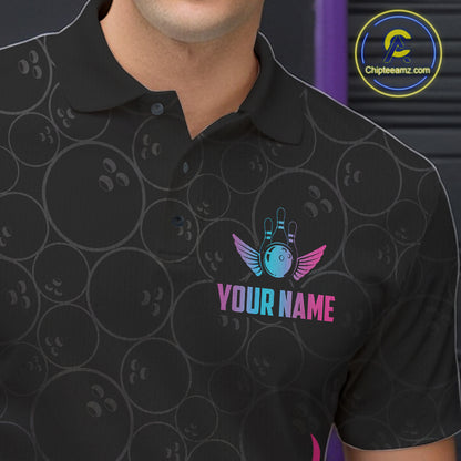 Close-up of a fire flame neon bowling polo shirt collar, buttons, and flame artwork.