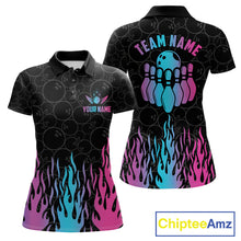 Load image into Gallery viewer, Fire flame neon bowling polo shirt for women with colorful custom team graphics.