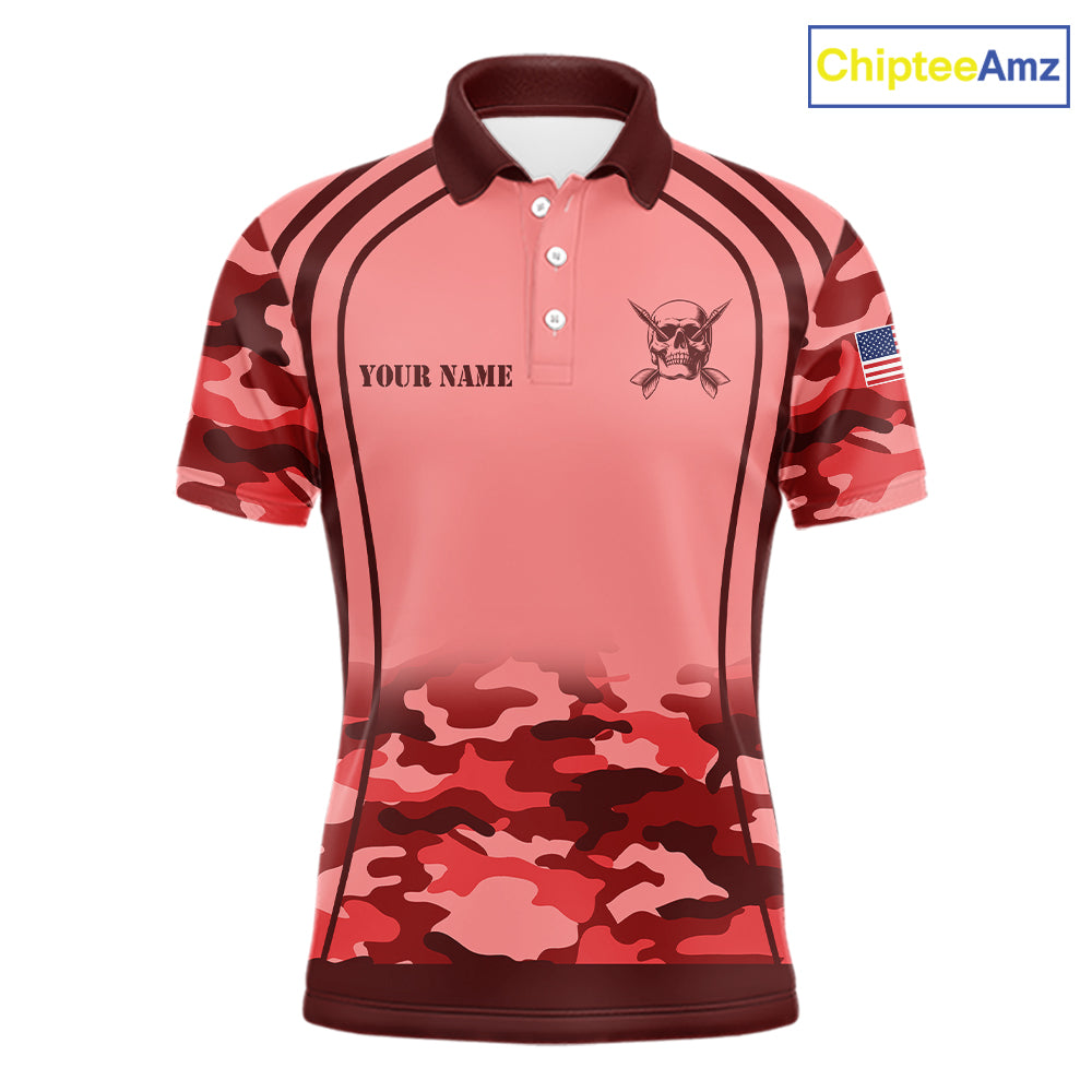 Vintage Red Camo Darts Polo, Quarter Zip Custom Dart Shirts For Men, Camouflage Dart Team Jersey TDM7193
