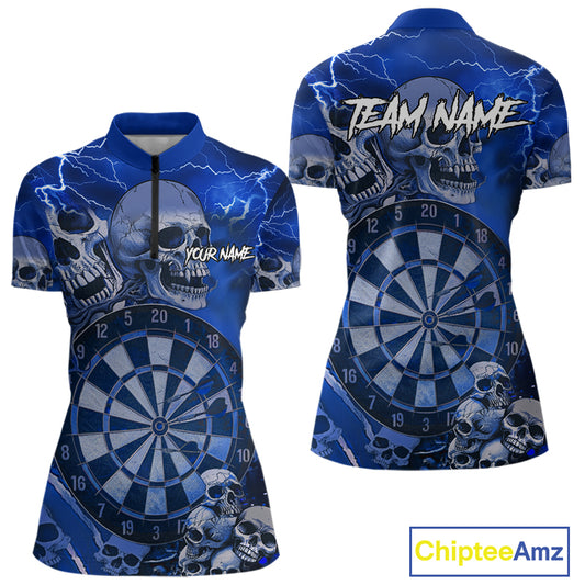 Blue Funny Skull Lightning Darts Shirt For Women Custom Darts Team Jersey Polo & Quarter Zip TDM4980