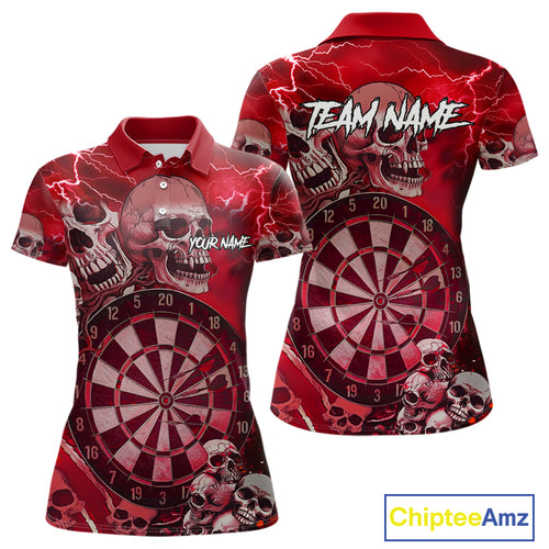 Red Funny Skull Lightning Darts Shirt For Women Custom Darts Team Jersey Polo & Quarter Zip TDM4981