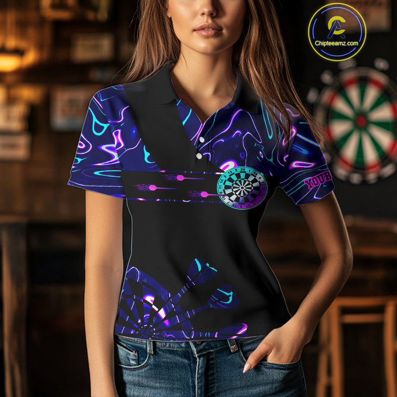 Neon Purple Blue Holographic Womens Dart Shirts Custom Glowing Dart Jersey Team Polo & Quarter Zip TDM5173