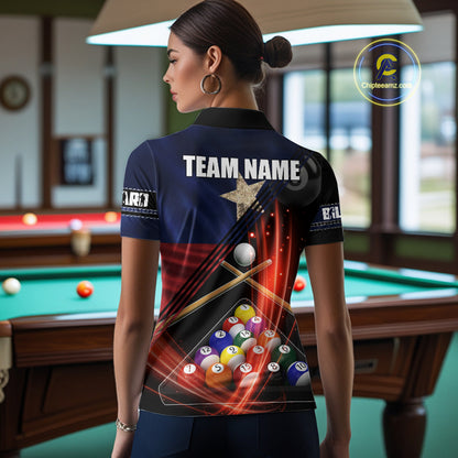 Texas Flag Custom Billiard Polo & 1/4 Zip Shirt For Women, Patriotic 8 Ball Pool Team Jersey TDM6046