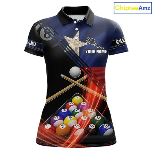 Texas Flag Custom Billiard Polo & 1/4 Zip Shirt For Women, Patriotic 8 Ball Pool Team Jersey TDM6046