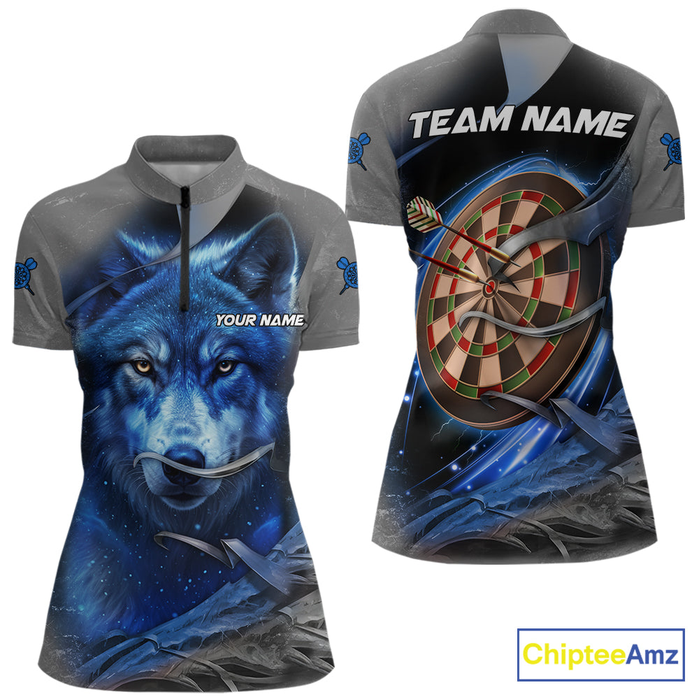 Personalized Wolf Lightning Darts Shirt For Women, Darts Team Jersey Polo & 1/4 Zip |Blue TDM6305