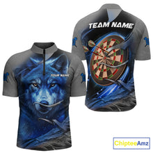 Load image into Gallery viewer, Personalized Wolf Lightning Darts Shirt For Men, Darts Team Jersey Polo &amp; 1/4 Zip |Blue TDM6305