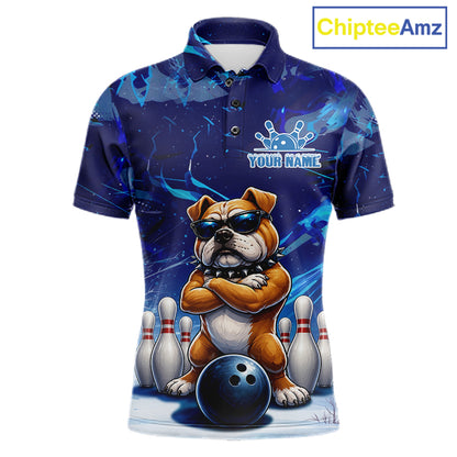 Personalized Blue Funny Bulldog Bowling Shirt For Men Custom Bowling Team Jersey Polo & 1/4 Zip TDM6480
