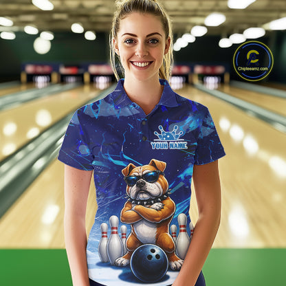 Personalized Blue Funny Bulldog Bowling Shirt For Women Custom Bowling Team Jersey Polo & 1/4 Zip TDM6480
