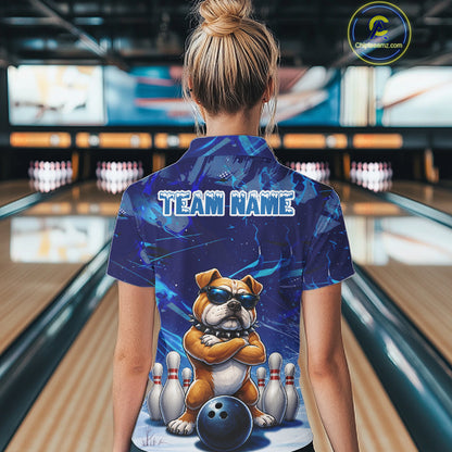 Personalized Blue Funny Bulldog Bowling Shirt For Women Custom Bowling Team Jersey Polo & 1/4 Zip TDM6480