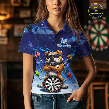 Personalized Blue Funny Bulldog Darts Shirt For Women Custom Darts Jersey Team Polo & 1/4 Zip TDM6481