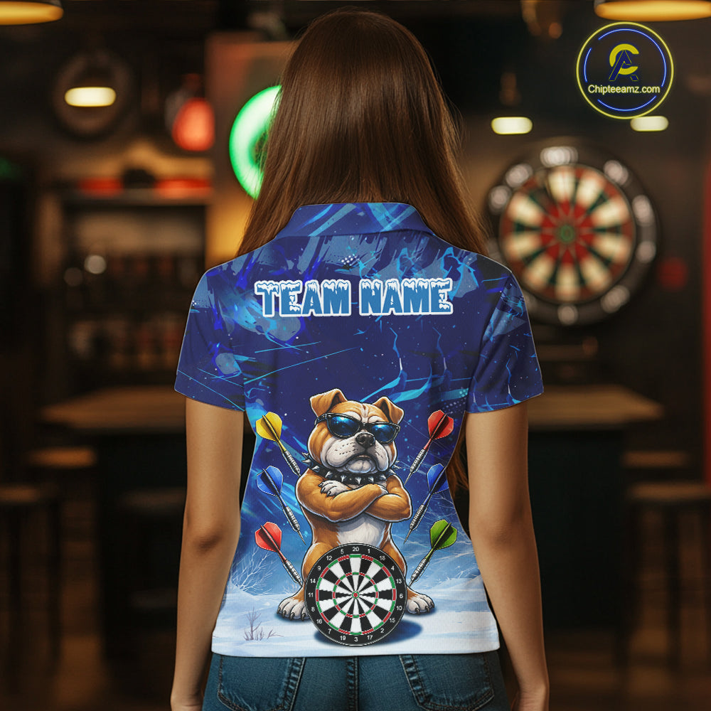 Personalized Blue Funny Bulldog Darts Shirt For Women Custom Darts Jersey Team Polo & 1/4 Zip TDM6481