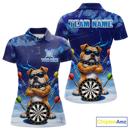 Personalized Blue Funny Bulldog Darts Shirt For Women Custom Darts Jersey Team Polo & 1/4 Zip TDM6481