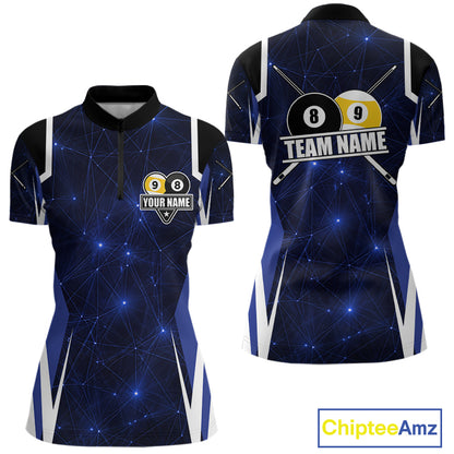 Blue 8 Ball & 9 Ball Pool Billiard Shirt For Women Custom Geometric Billiard Jersey Polo & 1/4 Zip TDM6482