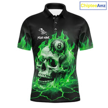 Load image into Gallery viewer, Green flaming skull 8 ball billiard polo shirt for men with custom pool team graphics.