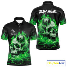 Load image into Gallery viewer, Green flaming skull 8 ball billiard polo shirt for men with custom pool team graphics.