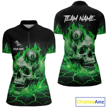 Load image into Gallery viewer, Green flaming skull 8 ball billiard quarter zip shirt for women built for tournaments and league competition.
