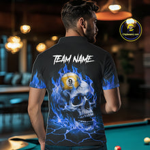 Load image into Gallery viewer, Back view of man wearing a blue flaming skull pool shirt in a billiards hall.