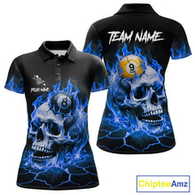 Load image into Gallery viewer, Blue flaming skull 8 ball and 9 ball billiard polo shirt for women with custom pool team graphics.
