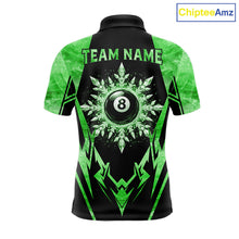 Load image into Gallery viewer, Black and green 8 ball pool icy billiard team jersey polo shirt for men featuring frozen ice effects and bold green highlights, premium custom pool league apparel for tournaments and league play.