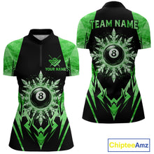 Load image into Gallery viewer, Black and green 8 ball pool icy billiard team jersey quarter zip shirt for women featuring icy 8 ball artwork with bold green accents for competitive pool players.