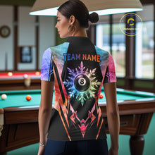 Load image into Gallery viewer, Woman wearing custom colorful 8 ball pool icy billiard team jersey polo shirt featuring the colorful icy 8 ball design, back view.