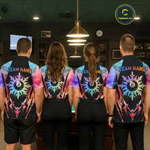 Load image into Gallery viewer, Billiard team wearing matching custom colorful icy 8 ball pool jerseys featuring the frozen artwork, back view.