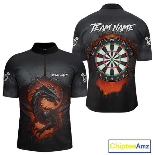 Personalized Grunge Dragon Mens Dart Shirts Custom Black Grey Dart Jerseys Team Polo & 1/4 Zip TDM5180