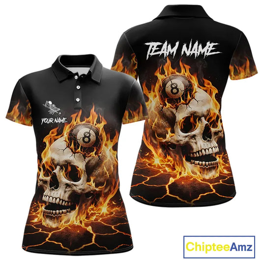 Orange Flaming Skull 8 Ball Billiard Shirt For Women Custom Pool Team Jersey Polo & Quarter Zip TDM5421