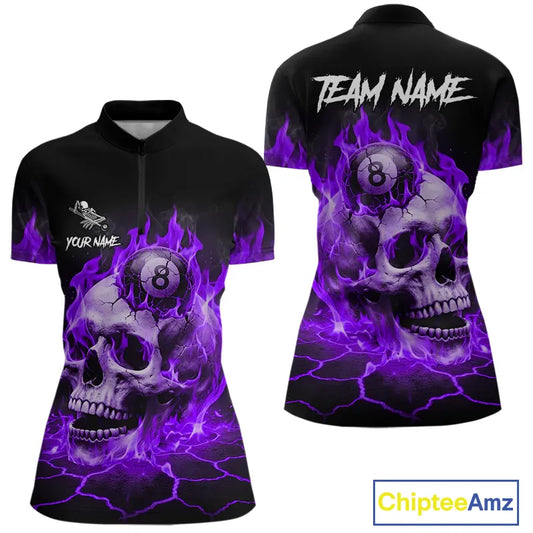 Purple Flaming Skull 8 Ball Billiard Shirt For Women Custom Pool Team Jersey Polo & Quarter Zip TDM5423