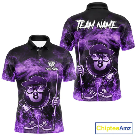 Purple Funny 8 Ball Pool Flame Smoke Billiard Shirt For Men Custom Billiard Team Jersey Uniform TDM5694