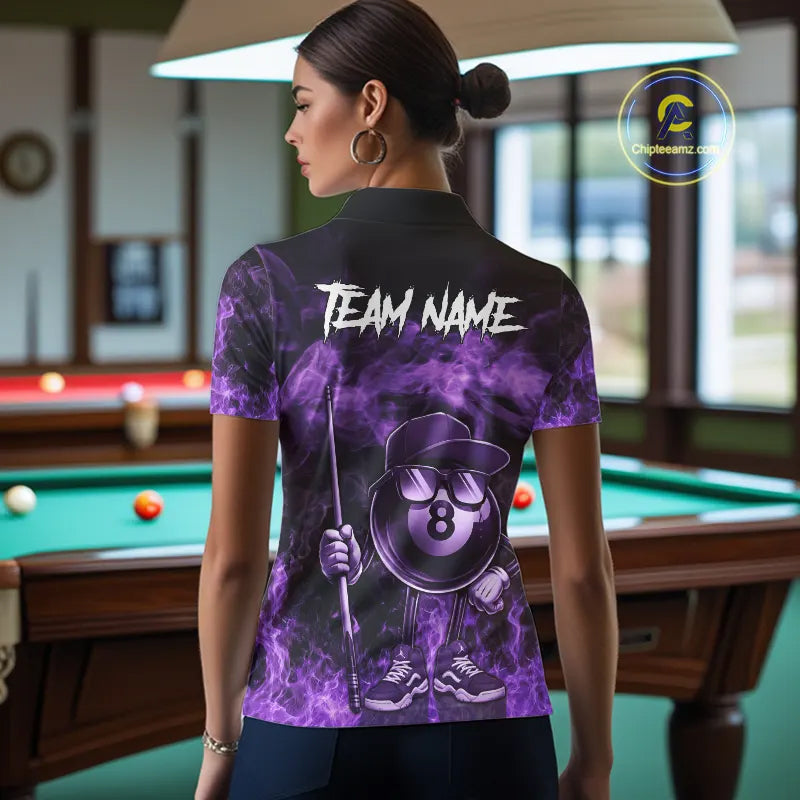 Purple Funny 8 Ball Pool Flame Smoke Billiard Shirt For Women Custom Billiard Team Jersey Uniform TDM5694