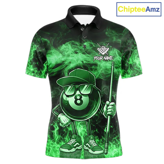 Green Funny 8 Ball Pool Flame Smoke Billiard Shirt For Men Custom Billiard Team Jersey Uniform TDM5695