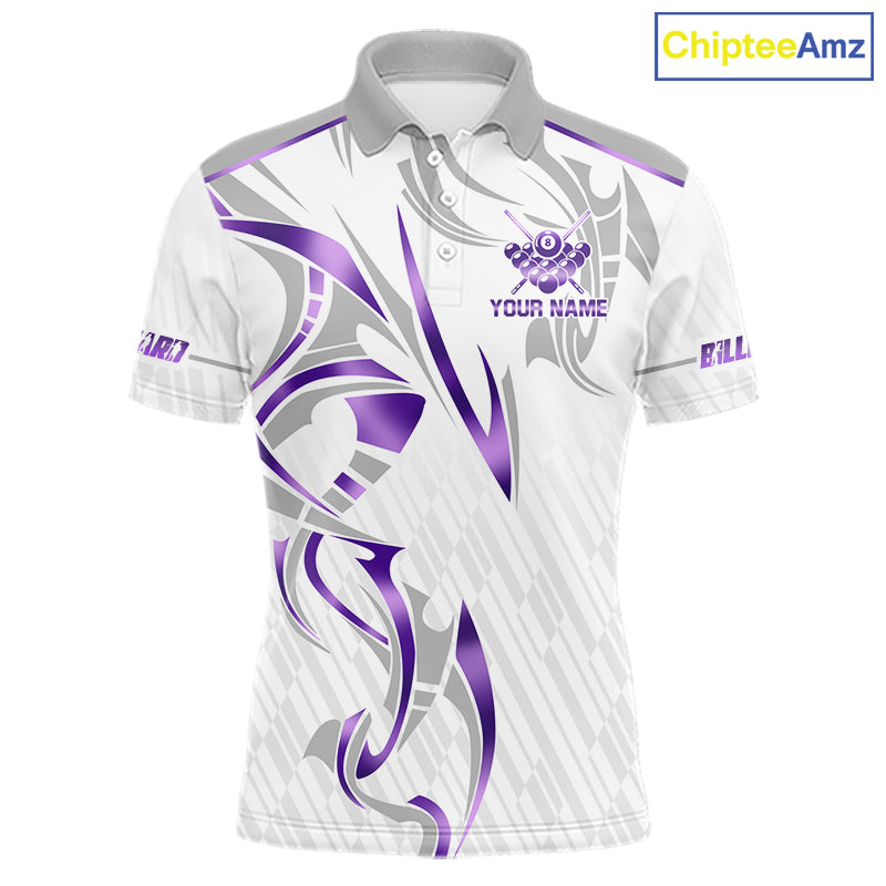 White And Purple Custom Crown 8 Ball Men's Billiards Shirts, Billiard Jersey Team Polo & 1/4 Zip TDM6054