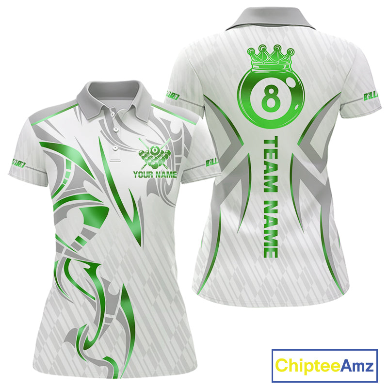 White And Green Custom Crown 8 Ball Women's Billiards Shirts, Billiard Jersey Team Polo & 1/4 Zip TDM6055