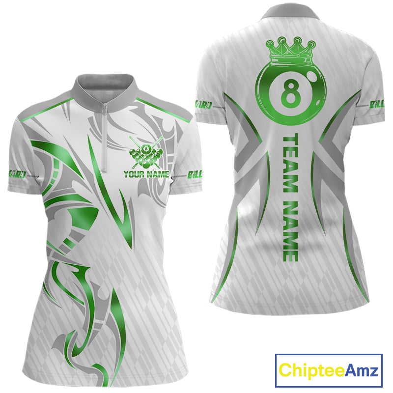 White And Green Custom Crown 8 Ball Women's Billiards Shirts, Billiard Jersey Team Polo & 1/4 Zip TDM6055